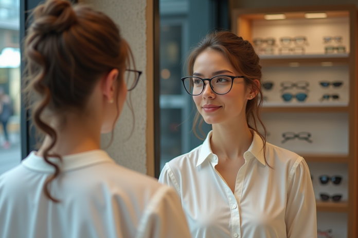 femme-essaye-lunettes-boutique Femme en boutique d'optique essaie plusieurs paires de lunettes