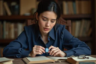 Femme examinant un camée bleu ancien avec attention, illustrant les erreurs d'interprétation courantes liées à cette gemme symbolique