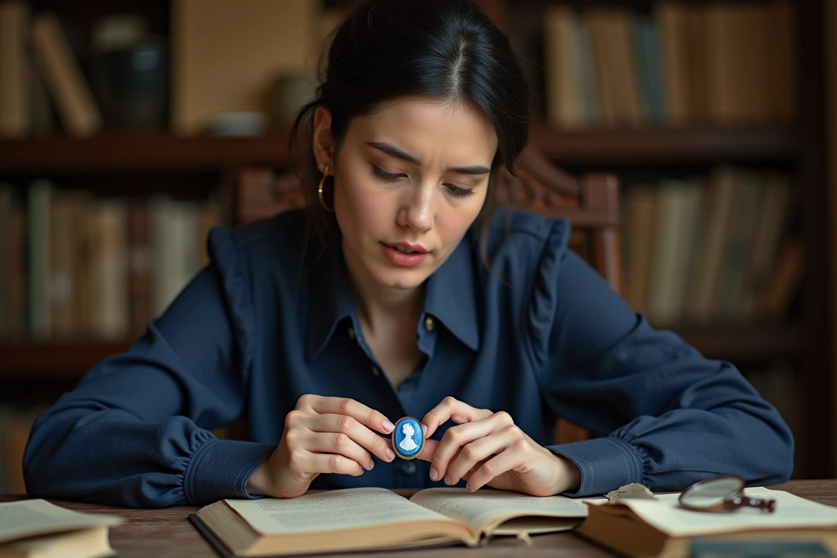 Femme examinant un camée bleu ancien avec attention, illustrant les erreurs d'interprétation courantes liées à cette gemme symbolique