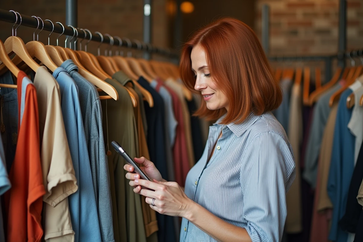 Femme comparant les prix dans une friperie physique avec son smartphone pour éviter les mauvaises affaires et arnaques en ligne