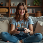 Féminin de gamer : découvrez la version féminine des adeptes de jeux vidéo Femme assise sur un canapé joue à un jeu vidéo dans un salon cosy