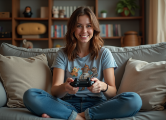 Féminin de gamer : découvrez la version féminine des adeptes de jeux vidéo Femme assise sur un canapé joue à un jeu vidéo dans un salon cosy