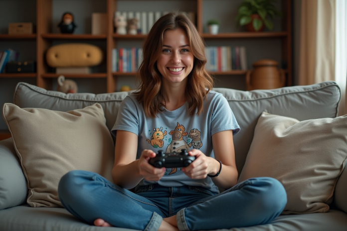 Femme assise sur un canapé joue à un jeu vidéo dans un salon cosy