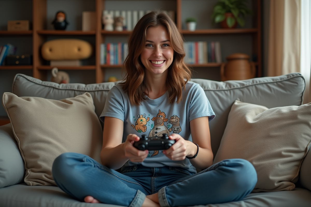 Femme assise sur un canapé joue à un jeu vidéo dans un salon cosy