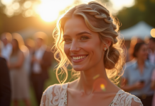 Femme souriante avec coiffure tressee lors reception mariage