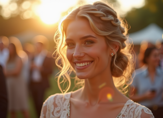Femme souriante avec coiffure tressee lors reception mariage