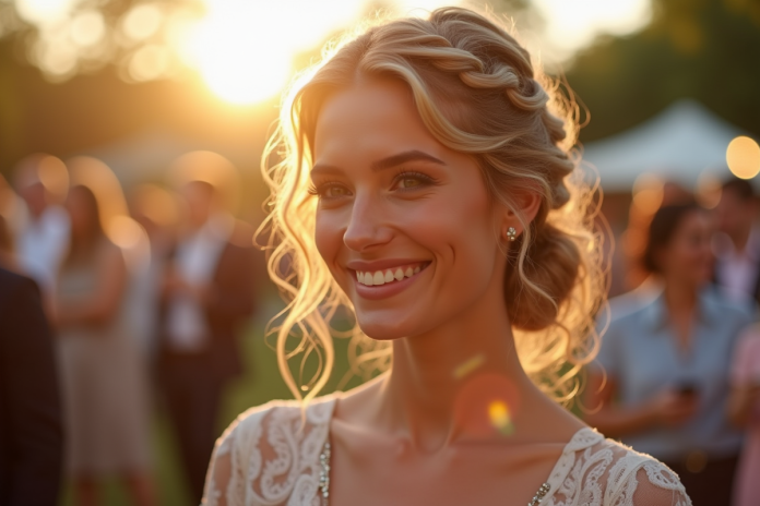 femme-mariee-cheveux-braidees Femme souriante avec coiffure tressee lors reception mariage