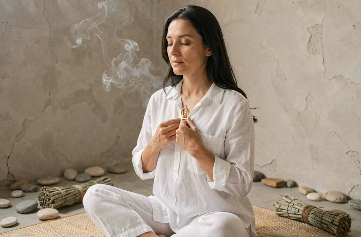 Femme en méditation tenant un pendentif ankh doré, assise en tailleur sur un tapis naturel dans un studio minimaliste aux tons chauds