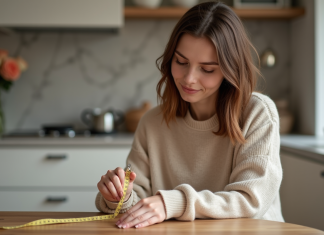 Tour de doigt 7cm : quelle taille de bague choisir pour un ajustement parfait ? Jeune femme mesurant son doigt avec un ruban à la maison
