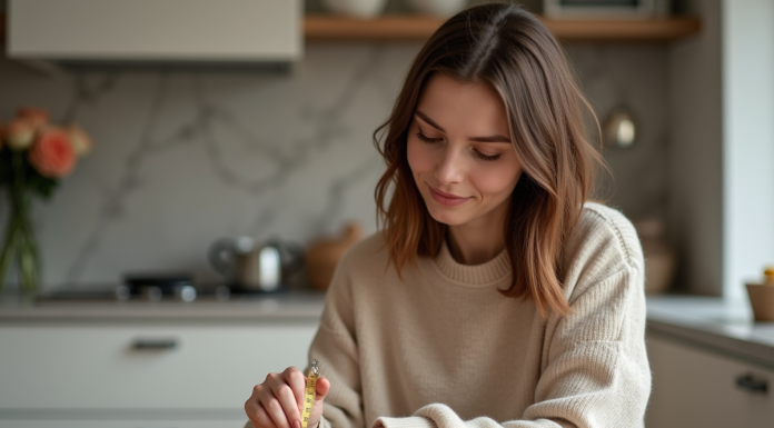 Tour de doigt 7cm : quelle taille de bague choisir pour un ajustement parfait ? Jeune femme mesurant son doigt avec un ruban à la maison