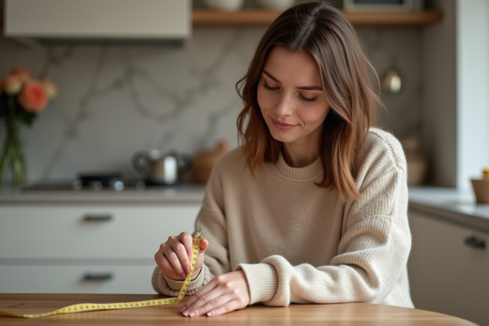 femme-mesure-bijou-maison Jeune femme mesurant son doigt avec un ruban à la maison