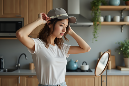 Jeune femme mesurant sa tête dans une cuisine moderne