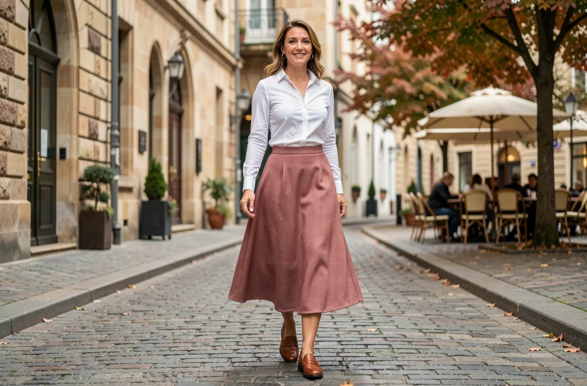 Femme portant des mocassins Arche en cuir cognac sur un trottoir pavé européen
