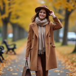 Femme élégante en manteau camel dans un parc automnal