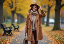 Femme élégante en manteau camel dans un parc automnal