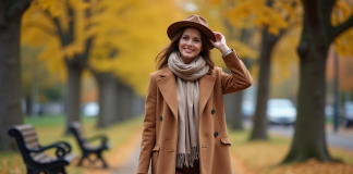Femme élégante en manteau camel dans un parc automnal