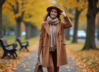 Femme élégante en manteau camel dans un parc automnal