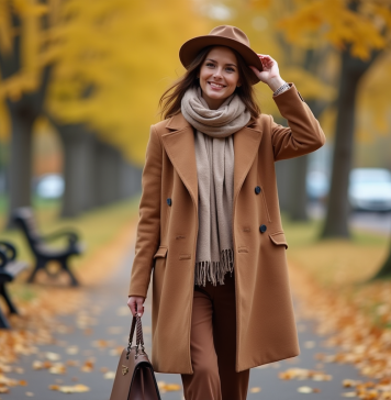 Femme élégante en manteau camel dans un parc automnal