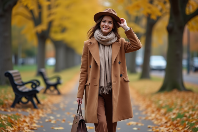 femme-mode-automne Femme élégante en manteau camel dans un parc automnal