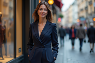 Femme élégante en robe bleue devant une boutique en ville