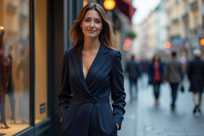 Femme élégante en robe bleue devant une boutique en ville