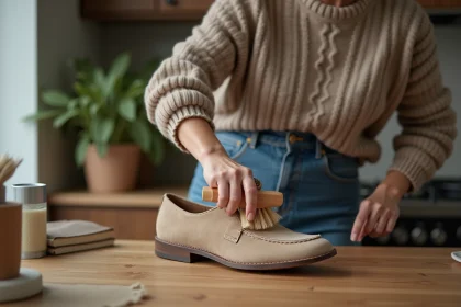 Femme nettoyant une chaussure en suede beige avec brosse en bois