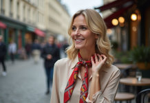 Foulard pour femme blonde : choisir la couleur idéale en 2025 ! Femme blonde souriante portant un foulard dans un café parisien