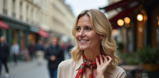 Foulard pour femme blonde : choisir la couleur idéale en 2025 ! Femme blonde souriante portant un foulard dans un café parisien