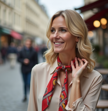 Femme blonde souriante portant un foulard dans un café parisien