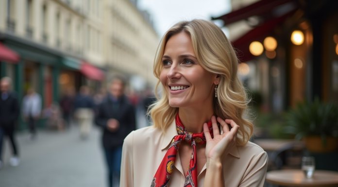 Femme blonde souriante portant un foulard dans un café parisien
