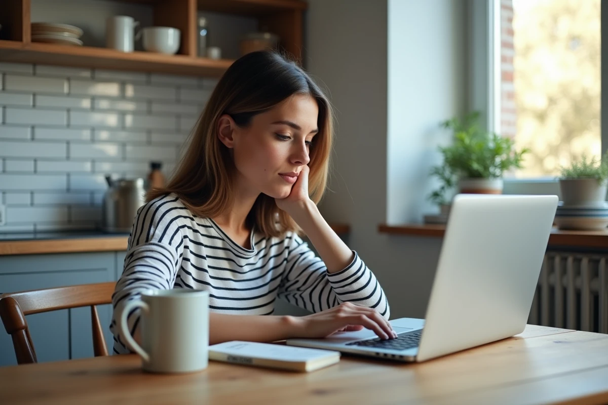 Jeune femme consultant un site de vente en ligne pour les soldes avec un calendrier des promotions noté sur un carnet