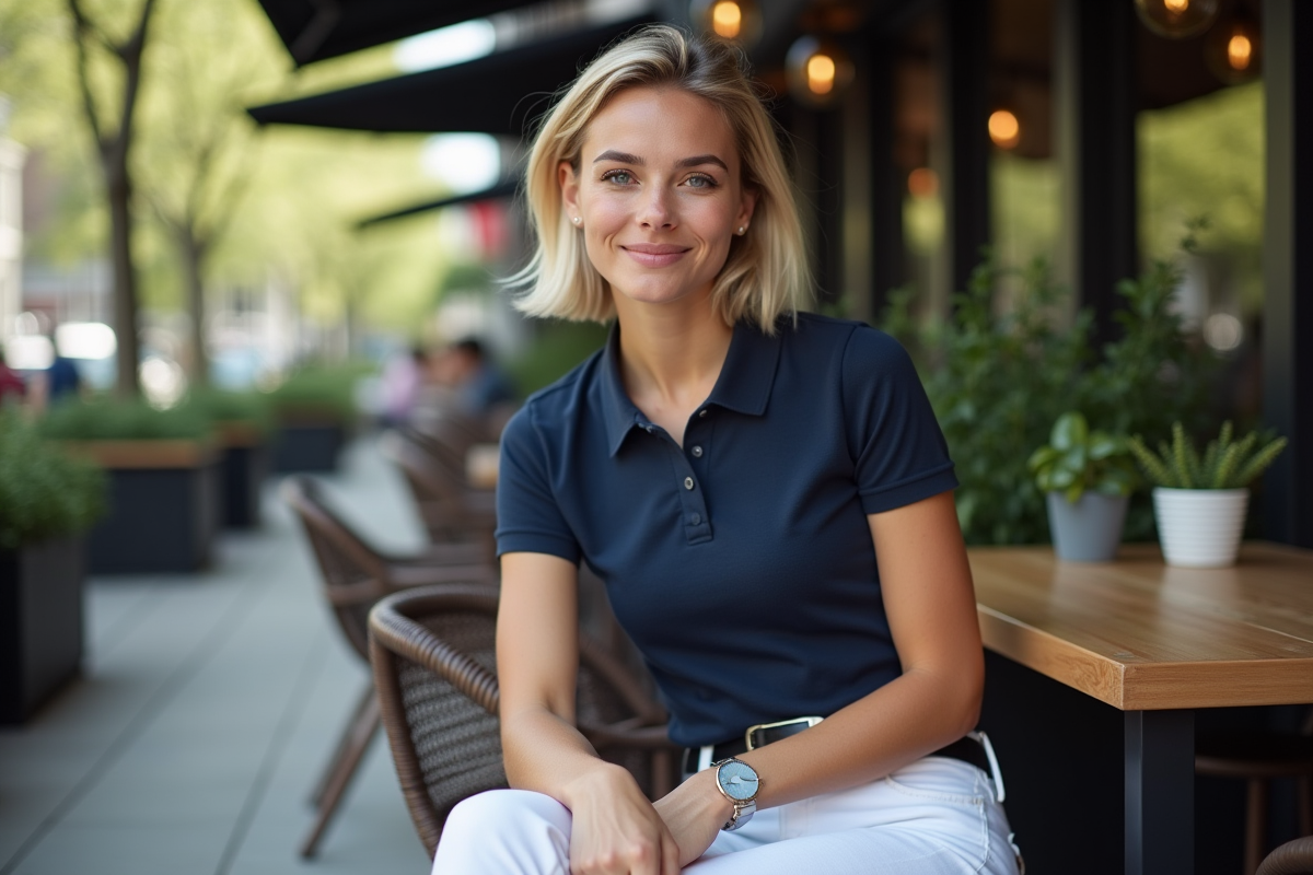 Femme en polo bleu assise dans un café urbain