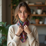 Foulard carré : Comment nouer autour du cou ? Astuces et styles tendance Femme élégante portant une écharpe en soie dans un appartement parisien