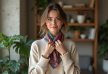 Femme élégante portant une écharpe en soie dans un appartement parisien