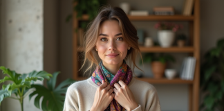 Femme élégante portant une écharpe en soie dans un appartement parisien