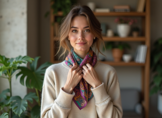 Foulard carré : Comment nouer autour du cou ? Astuces et styles tendance Femme élégante portant une écharpe en soie dans un appartement parisien