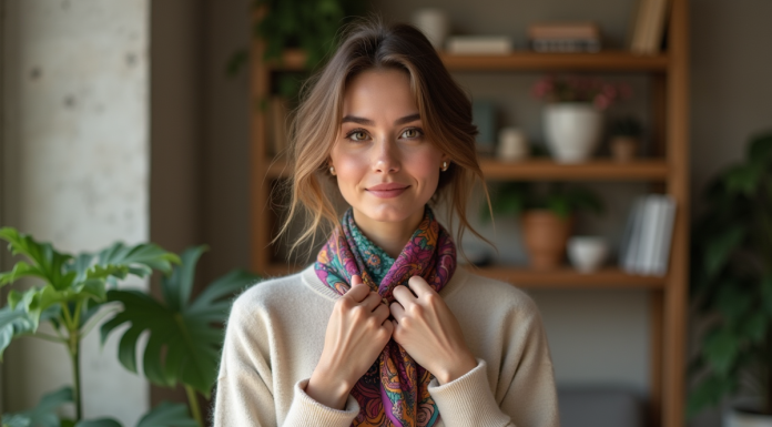 Foulard carré : Comment nouer autour du cou ? Astuces et styles tendance Femme élégante portant une écharpe en soie dans un appartement parisien