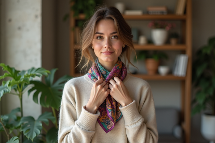 Femme élégante portant une écharpe en soie dans un appartement parisien