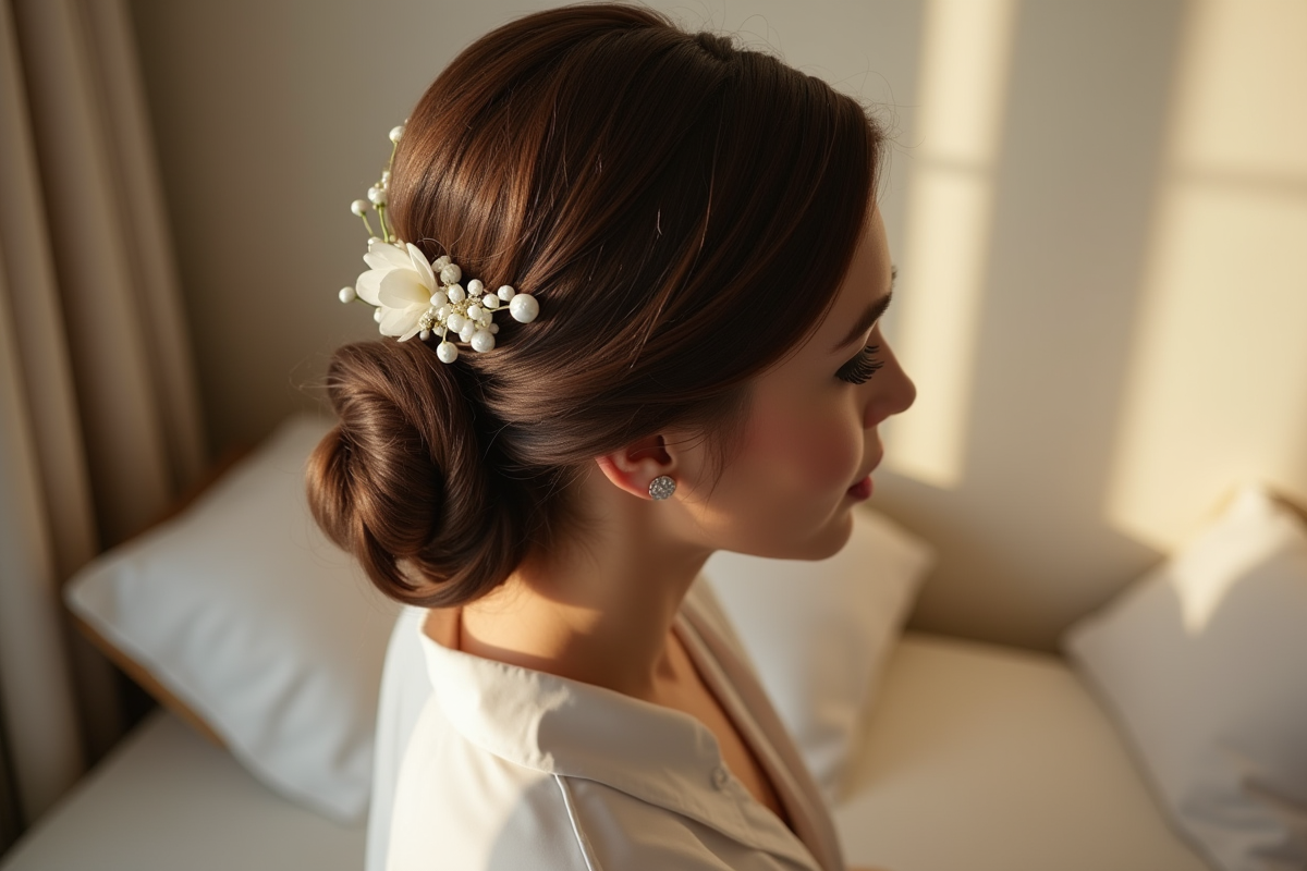 Jeune femme préparant sa coiffure en chambre lumineuse