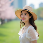 Chapeau printemps : quel modèle choisir cette saison ? Jeune femme en robe pastel dans un parc en fleurs