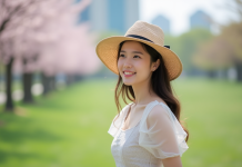Chapeau printemps : quel modèle choisir cette saison ? Jeune femme en robe pastel dans un parc en fleurs