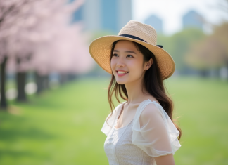 Chapeau printemps : quel modèle choisir cette saison ? Jeune femme en robe pastel dans un parc en fleurs