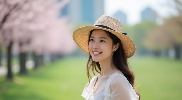 Chapeau printemps : quel modèle choisir cette saison ? Jeune femme en robe pastel dans un parc en fleurs