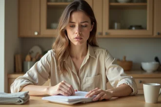 Femme examinant un article d'occasion reçu de Sellpy avec son bon de retour sur une table en bois
