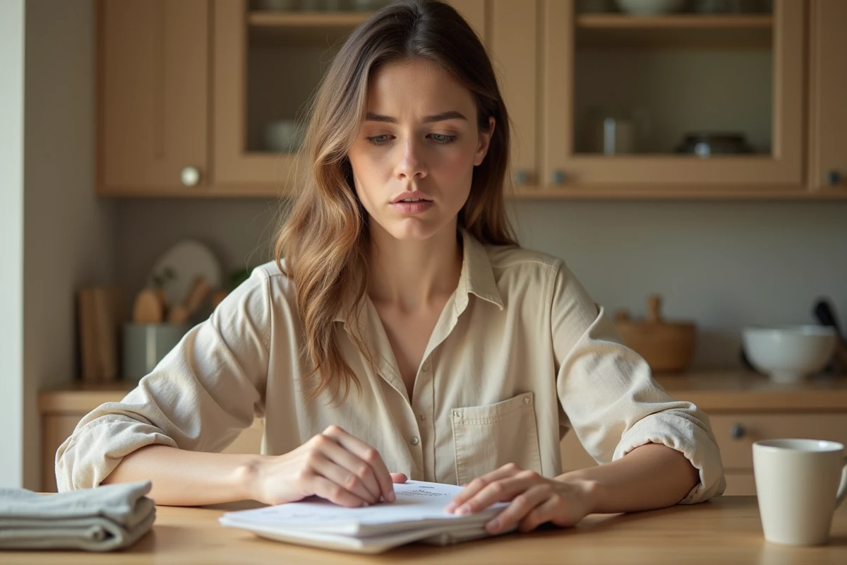Femme examinant un article d'occasion reçu de Sellpy avec son bon de retour sur une table en bois