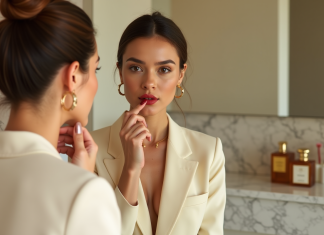 Femme élégante appliquant rouge à lèvres dans un intérieur moderne