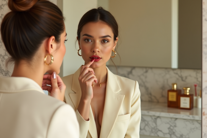 femme-robe-blazer-rouge Femme élégante appliquant rouge à lèvres dans un intérieur moderne