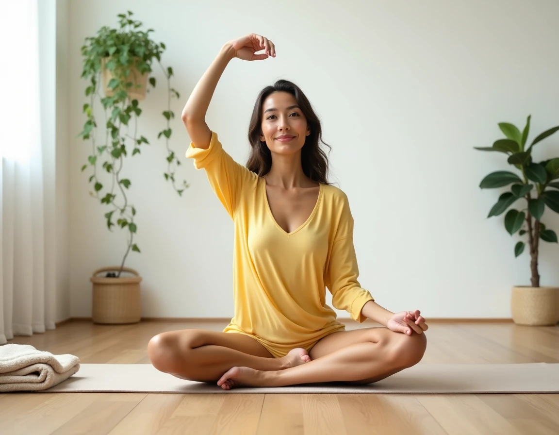 Femme en robe de sport Halara jaune assise en tailleur sur un tapis de yoga dans un studio minimaliste à domicile