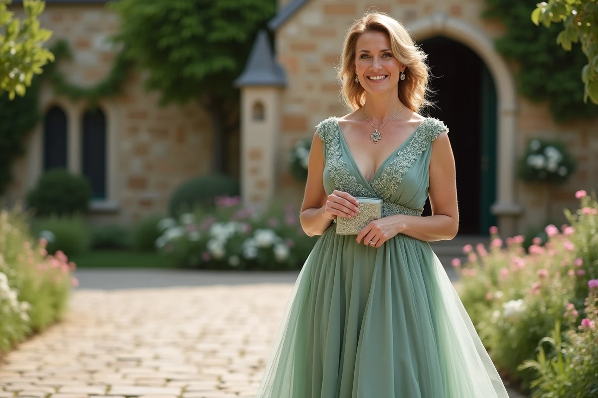 Femme confiante en robe verte de mariage élégante