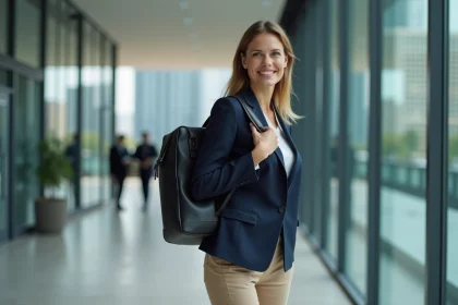 Femme professionnelle portant un sac à dos ordinateur en cuir noir dans un hall de bureau moderne